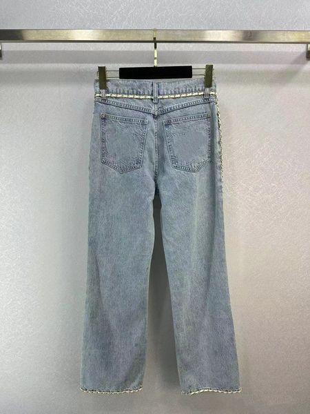 Mulheres jeans designer Cowboy frito moda de rua solta calças retas mulheres casuais com corrente branca pequena fragrância Designer outono / inverno jeans azul claro