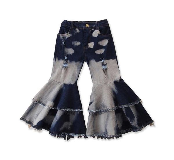 Pantaloni a zampa d'elefante per bambina Pantaloni in denim con nappa e volant per bambini Abbigliamento casual per bambina Pantaloni con tasca elastica in vita Jeans con taglio a stivale 0609640476