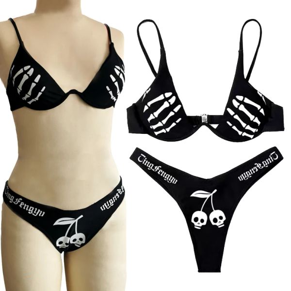 Conjunto 2023 conjuntos de biquíni goth para as mulheres verão preto dedo superior crânio tanga maiô y2k sexy triângulo cintura alta biquinis praia outfit