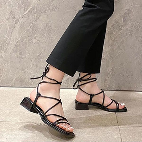Sandals Brand Women Fashion Cross amarrado Sapatos de salto médio Summer 2024 Square Toe Dress Pumps Slingback Femme Zapatillas
