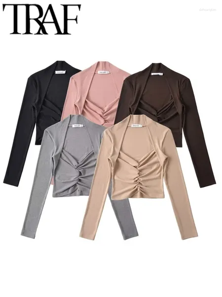 T Frauenhemden Fans 2024 Frühlingsfrau Elegant Ruched Front T -Shirt Long Sleeves Square Kragen lässig kurze Top Slim Female Crop Y2K -Shirt Op op