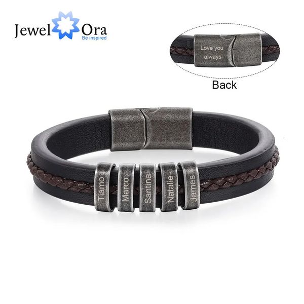 Bracciale in pelle da uomo con incisione personalizzata 2-5 nomi Braccialetti con perline vintage personalizzati per uomo Regalo di gioielli retrò per il padre 240227