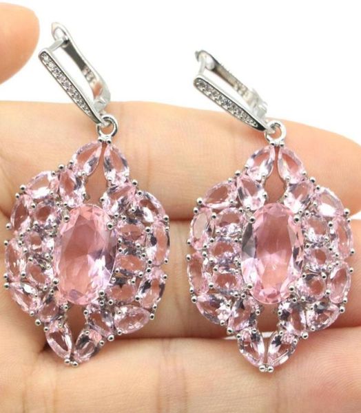 Orecchini a perno 50x27mm SheCrown Set di gioielli Big Created Pink Kunzite White CZ Donne Matrimonio Abbigliamento quotidiano Orecchini pendenti in argentoStud7316042