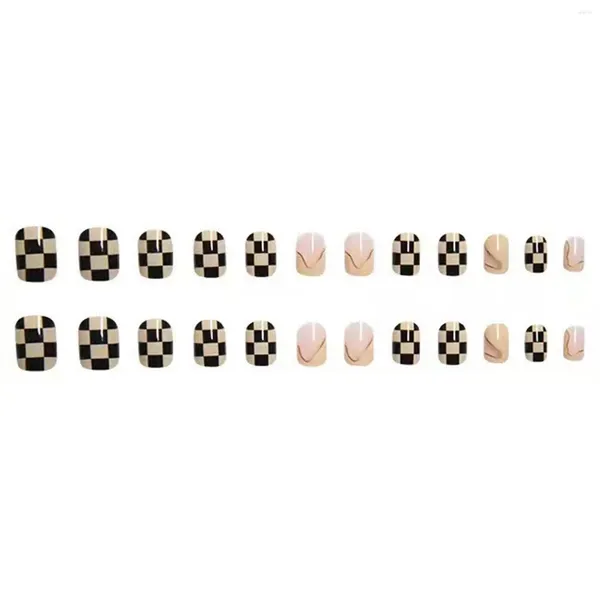 Künstliche Nägel, 24 Stück, schwarz, kariert, Muster, kurz, künstlich, ultraflexibel, wiederverwendbar, langlebig, für Fingerdekoration, Zuhause