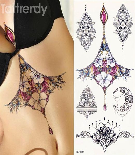 1 Blatt Frauen Sternum Schmuck Tattoo Temporäre Körper Brust Taille Kunst Tattoo Aufkleber Cool Sexy Choker Anhänger Unter Brust Designs T5012408