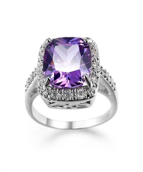 Anéis de casamento Corte quadrado Mulheres Anel 18k Ouro Branco Cheio Clássico Luxo Roxo Zircônia Cúbica Bonita Banda De Dedo Jóias Presente Siz1985780