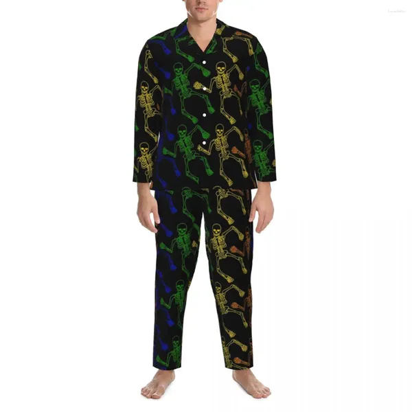 Homens sleepwear colorido esqueleto impressão pijamas homens engraçado halloween romântico noite nightwear primavera 2 peça vintage conjunto de grandes dimensões