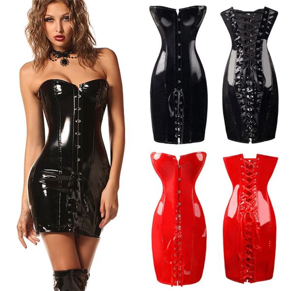 Abito caldo nero / rosso lungo corsetto in pelle PVC abito sexy donna vita gotica Tranier corpo sottile club mini abito in lattice vinilico S2XL