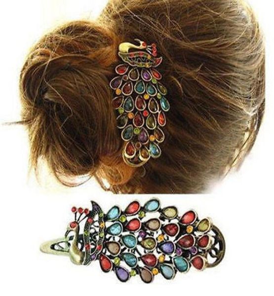 Moda feminina vintage colorido strass pavão barrette grampo de cabelo reino unido r486082236