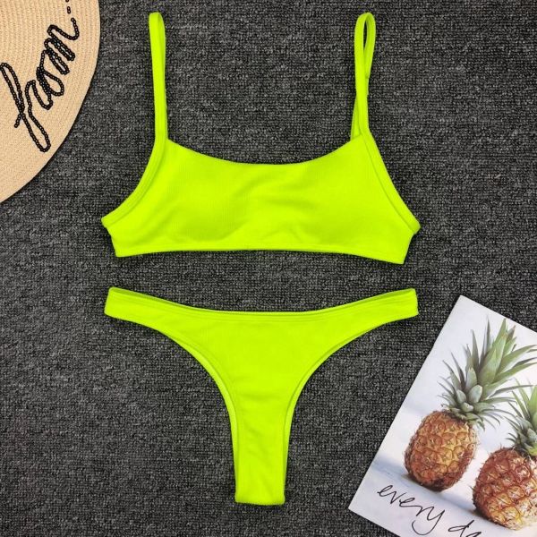 Set Neon Giallo Verde Costume da bagno Donna Sexy Solid Push Up Micro Bikini 2024 Brasiliano Summer Beach Costume da bagno Perizoma Costumi da bagno Biquini