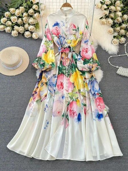 Vestidos casuais primavera feriado tulipa floral maxi vestido elegante gola única lanterna manga cinto baile robe roupas vestidos