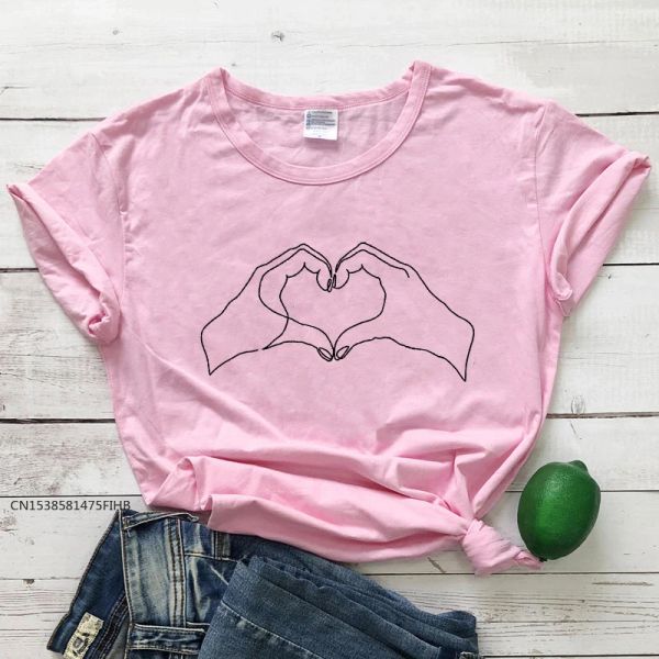 T-shirt Amore Cuore Mani Corrispondenza Coppie TShirt Donne Carine Gesto Dito Cuore Simbolo Top Minimalista Una Linea di Disegno Tshirt Premium