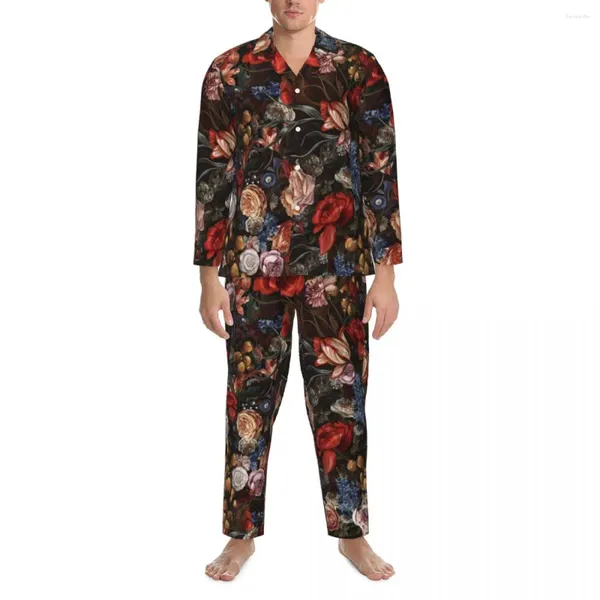 Indumenti da notte da uomo Vintage barocco floreale autunnale fiori colorati stampa pigiama oversize set da uomo a maniche lunghe morbido abito da casa