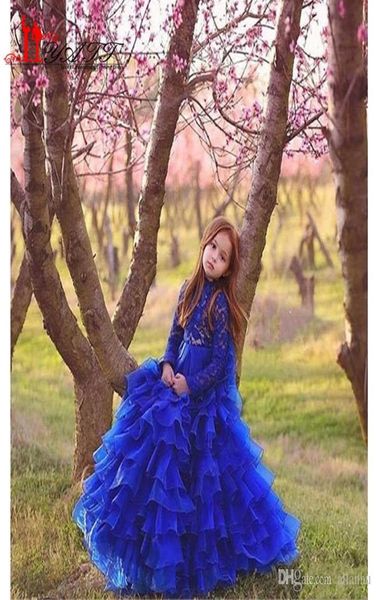 Princesa Azul Royal Linda Meninas Pageant Vestidos Puffy Tiered Organza Lace Applique Mangas Compridas Vestido Da Menina de Flor para Wedd5850711