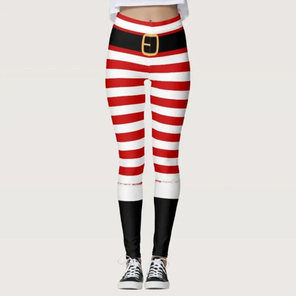 Leggings femininas leggings de natal listrado impressão trajes de papai noel leggings cintura alta elástico calças de festa de natal ano novo 2024
