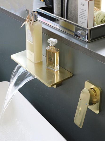 ROLYA Матовый золотой водопад, настенное крепление, смеситель для ванной комнаты, матовый черный смеситель для раковины, матовый золотой сосуд, настенный излив для раковины 4087693