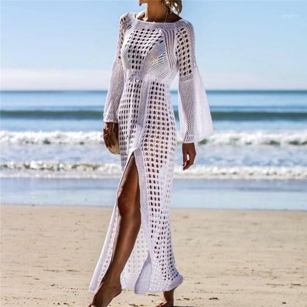 Sarongs 2021 Crochet Branco Malha Beach Cover Up Vestido Túnica Long Biquinis Ups Swim Beachwear1218W