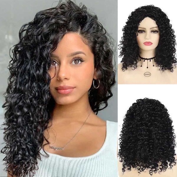 Perucas de cabelo sintético preto longo profundo encaracolado peruca para mulheres natural fofo penteado diário cosplay halloween resistente ao calor 240306