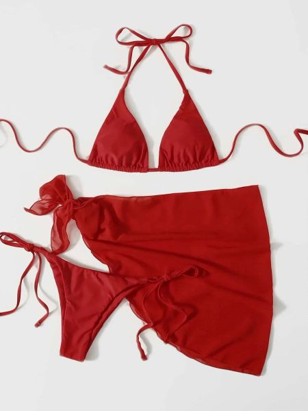 Set 2024 Bikini a vita alta da donna, costume da bagno con gonna con scollo all'americana, costume da bagno brasiliano, costumi da bagno sexy, rosso tinta unita, 3 pezzi