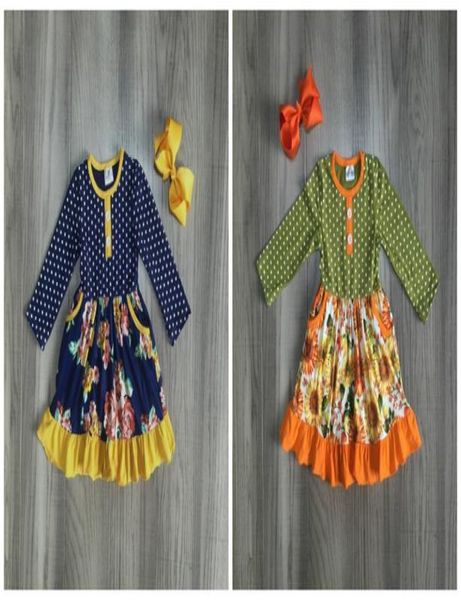 Outono inverno bebê meninas roupas crianças mostarda laranja marinho flor vestido leite seda algodão plissado boutique combinar arco na altura do joelho Y27329781