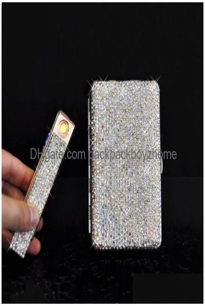 Cinzeiros Criativo Cristal com Luz LED Cinzeiro Brilhante Diamante Cigarro Caixa Carregando À Prova de Vento Plasma Isqueiro Slim para W8661264