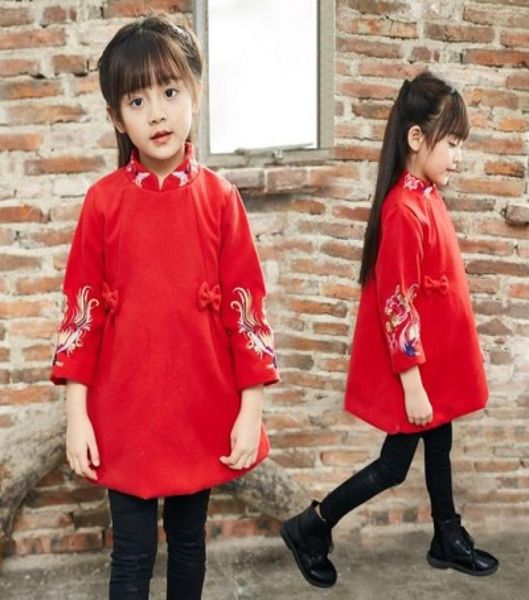 Estilo chinês meninas bordado cheongsam bowknot vestido 2018 vestido de ano novo crianças roupas da menina do bebê roupas grossas crianças Clothin2615078