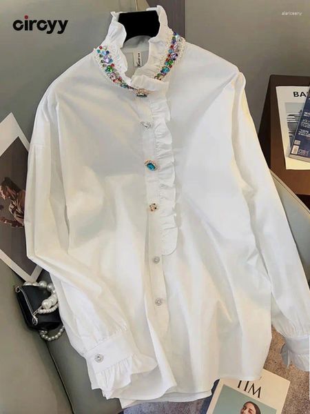 Blusas femininas Circyy Blusa Mulheres Camisas Beading Diamantes Botão Branco Camisa Vintage Ruffles Stand Collar Lantern Sleeve 2024 Casual