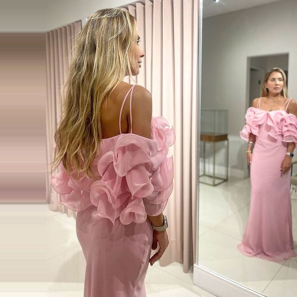 Rosa babados cinta sereia vestidos de noite com decote em v vestido de festa de banquete plissado 2024 vestido de noite feminino