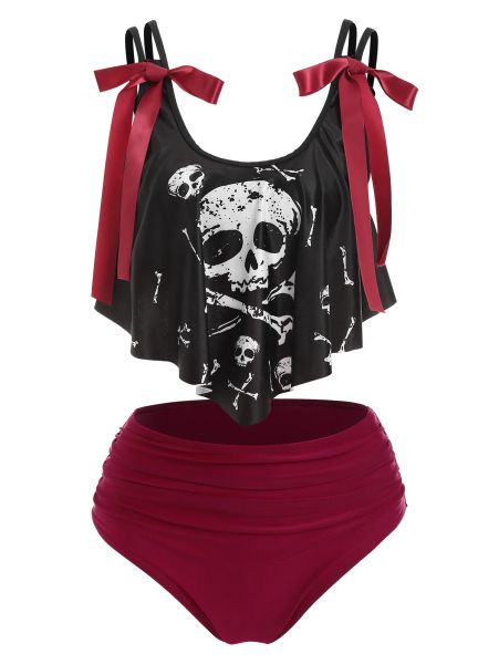 Badebekleidung, Totenkopf-Druck, Schleife, Detail, gepolstert, Tankini-Set, Gothic, lässig, Damenmode, Sommer, sexy, zweiteiliger Badeanzug, Strand