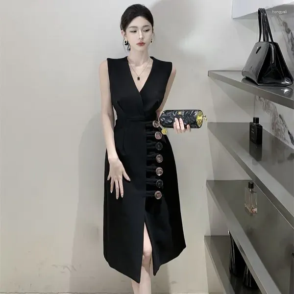 Casual Kleider Elegante Büro Damen Kleid Frauen Ärmellose Sexy V-ausschnitt Bodycon Schlank Party Vestidos Weibliche Mode Koreanische Weste Split Robe