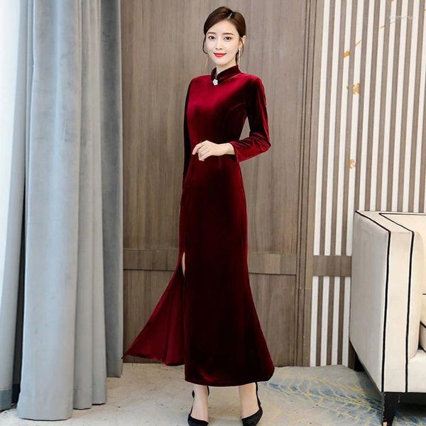 Lässige Kleider Damen Verbessertes Qipao Goldenes Samtkleid Herbst Winter Chinesischer Stil Western Red Wide Wife Light Luxury Female