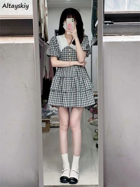 Abito Abito a maniche corte Plaid Mini Colletto alla Peter Pan Design Dolce Preppy Streetwear Vacanza Ulzzang Abiti femminili Chic Summer Cool