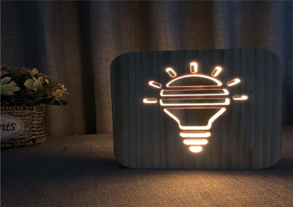 Kreative Holzbirne Nachtlichter LED Tischlampe ausgehöhlte Nachttischlampe Warmweiß Massivholzschnitzerei 3D Nachtlampe2515336