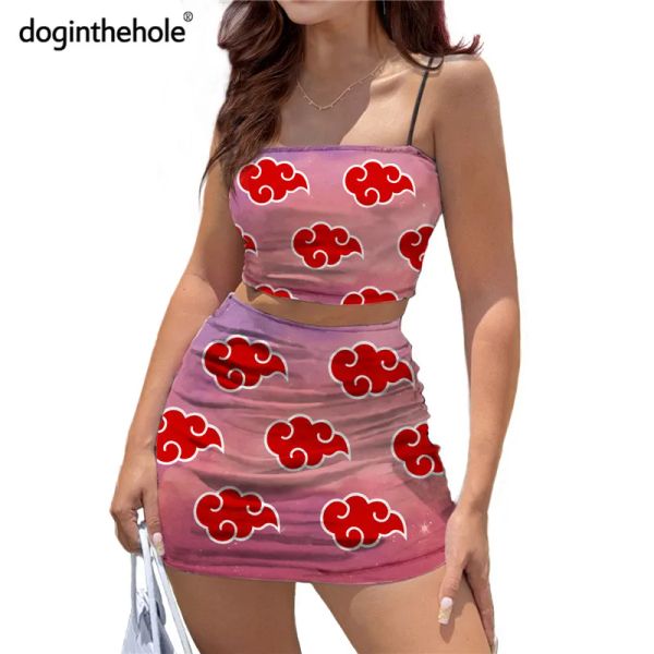 Combina com Kawaii Rosa Anime Akatsuki Conjunto de vestido impresso para meninas adolescentes Sexy Bodycon Strap Crop Top e Mini Skirt Summer Beach Roupfits Y2K