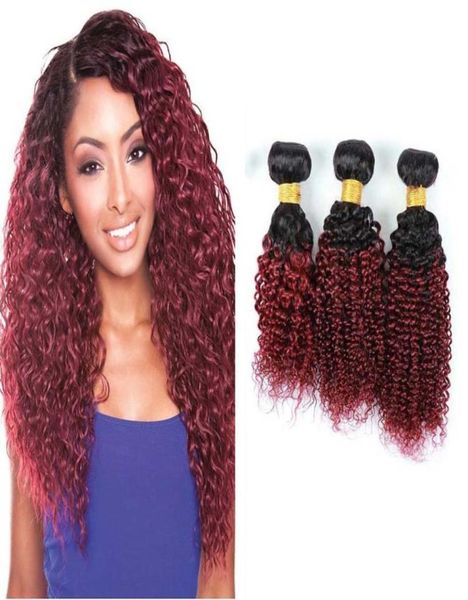 Brzailian ombre extensão do cabelo dois tons 1b99 kinky encaracolado borgonha tecer cabelo humano 3 pacotes de cor inteira cabelo vermelho brasileiro 7280237