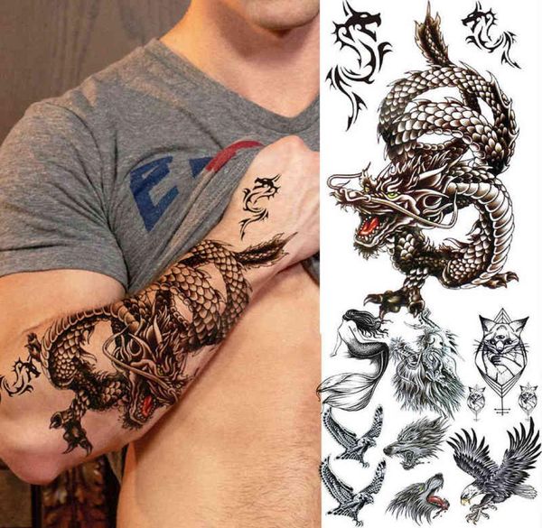 Nxy tatuagem temporária realista dragão falso adesivos para homens meninos crianças 3d feroz lobo águia sereia gato lavável tattos 03301622186