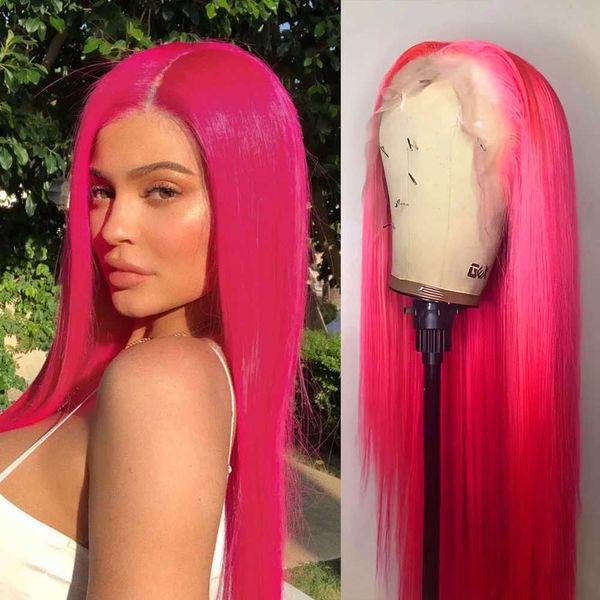 Perucas de cabelo rosa quente cabelo sintético peruca dianteira longa seda reta natural linha fina perucas sem cola para mulheres cosplay maquiagem uso 240306