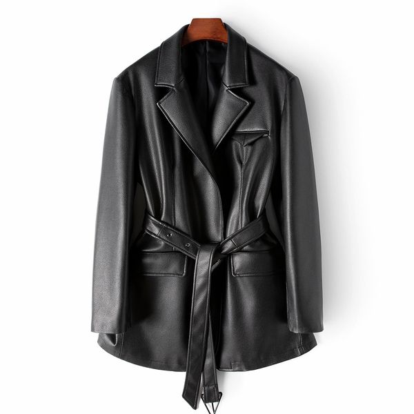 Schwarze Lederjacke für Damen, Trenchcoat, Gürtel, lässige Oberteile, Oberbekleidung, L, XL, XXL, Damenbekleidung