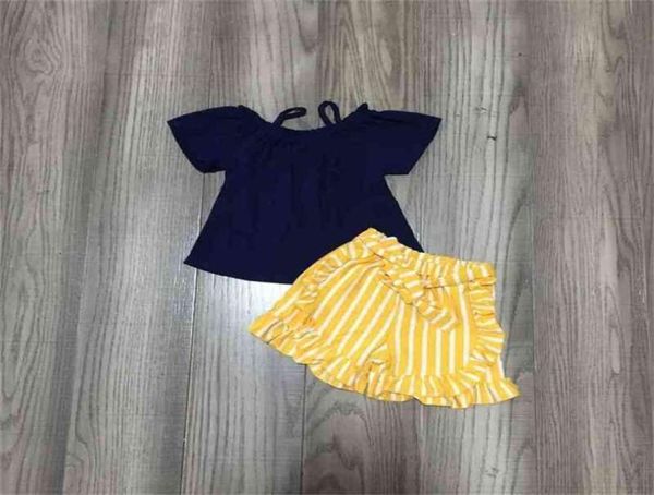 Sommer Baby Mädchen Solid Navy Shirt Stripe Yellow Shorts 2108049072441