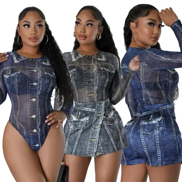 Anzüge Herbst Neue 3D Denim Druck 2 Stück Sets Sexy Bodycon Sheer Mesh Jean Print Body Top und Unregelmäßigen Shorts röcke Frauen Outfits