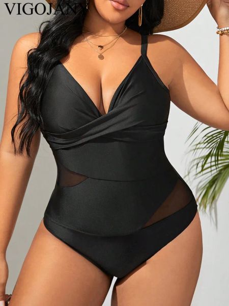 Costumi da bagno VigoJany 2024 Nero con cinturino Plus Size Costumi da bagno Donna Push Up Grande Costume intero Summer Beach Chubby Grande costume da bagno