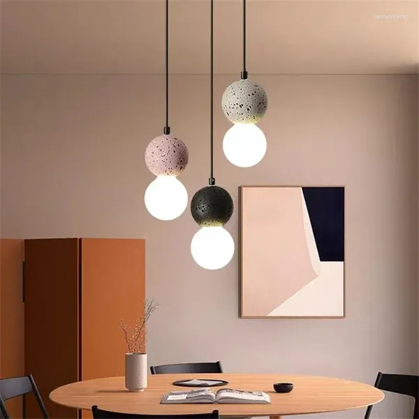 Lampade a sospensione Luci a sfere nordiche Legno Vetro Cemento Luce Camera da letto Cucina Isola Sala da pranzo Lampada a sospensione LED Comodino