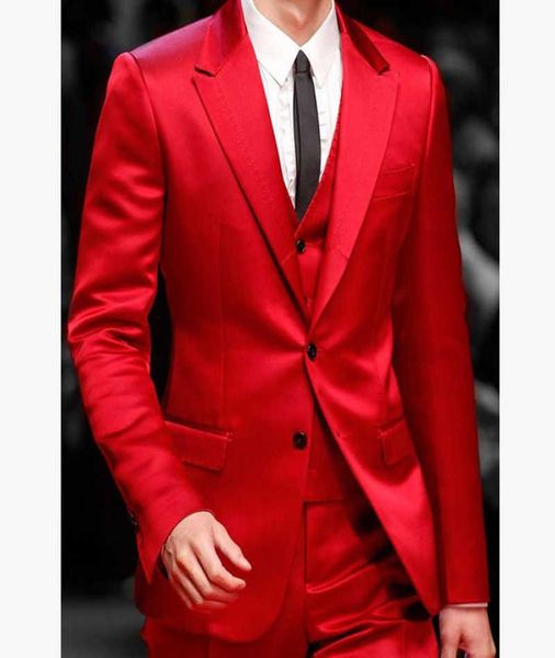 Slim Fit Roter Herrenanzug für den Abschlussball für Sänger, Bühne, 3-teilig, Satin, modische Jacke, Weste mit Hosen, Hochzeit, Bräutigam, Smoking, 2020, X09092361846