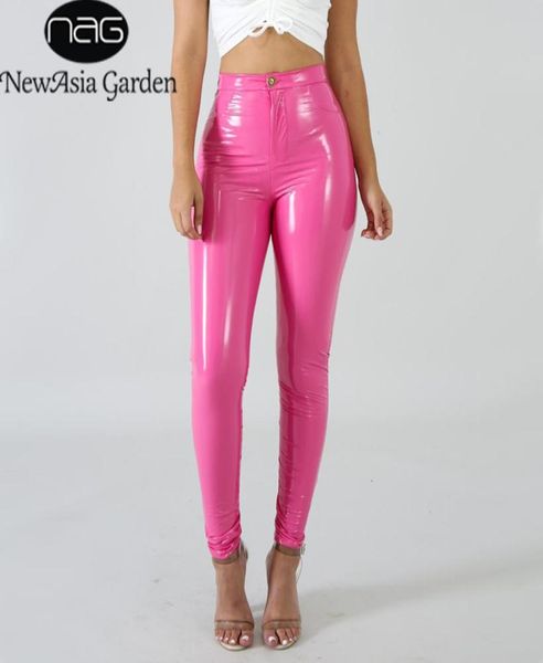 NewAsia Rosa PU Leder Hosen Frauen Hosen Winter Plus Größe Hohe Taille Hosen Schwarz Kunstleder Streetwear Pantalon Femme 20206433538