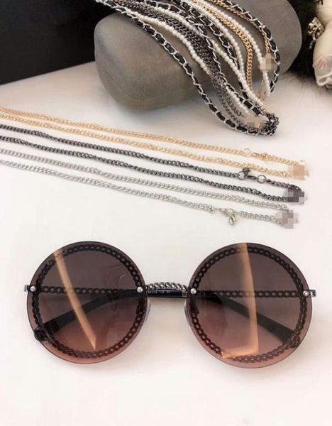 Neue hochwertige Sonnenbrille mit runder Kette, Metall, Leder, Perlenkette, rechteckige Brille7717775