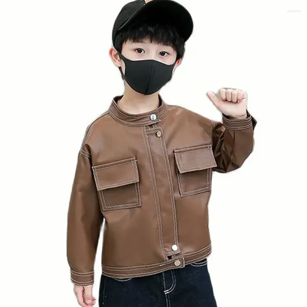 Jacken Jungen Lederjacke Oberbekleidung Einfarbiger Mantel Junge Frühling Herbst Lässiger Stil Kleidung 6 8 10 12 14