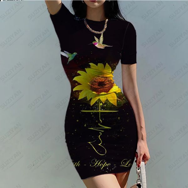 Vestido 2023 verão nova moda feminina impressão 3d girassol flor temperamento sexy estilo feminino apertado em torno do pescoço vestido de manga curta