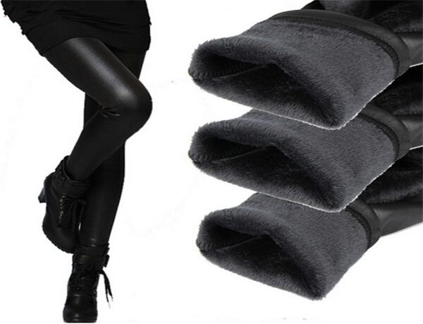 Ysdnchi inverno leggings de couro feminino calças elásticas cintura alta quente leggin grosso veludo preto push up 2112043810130