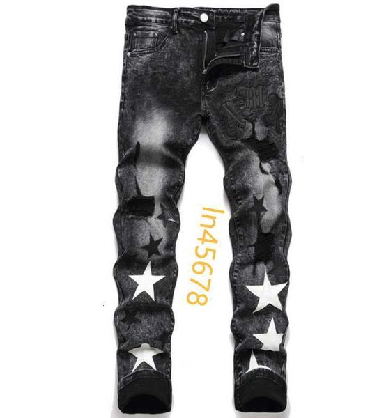 Mens Jeans Estrelas Homens Bordados Rasgados Tendência Calças de Motocicleta Streetwear Preto Denim Slim Fit Casual Buracos Destruídos Hip Hop Calças 2024