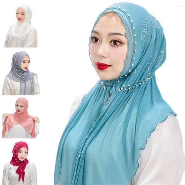 Ethnische Kleidung 150 30 cm Chiffon-Diamanten-Schal, einfarbig, Baotu-Hut, arabische Perlen, elastische Gaze-Schals, muslimischer Hijab, Turban-Schal